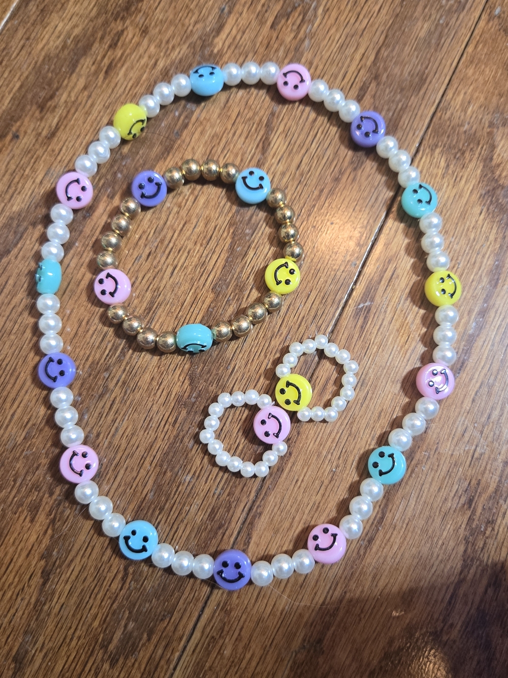 Kids Smiley Bead Necklace, Bracelet & Ring Set - Multicolor